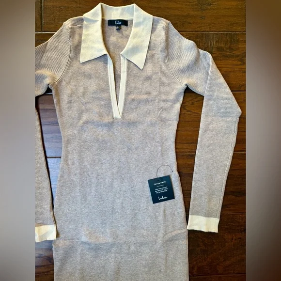 Lulus Taupe Block Midi Sweater Dress Ribbed Knit Collared Midi size L - Picture 6 of 12
